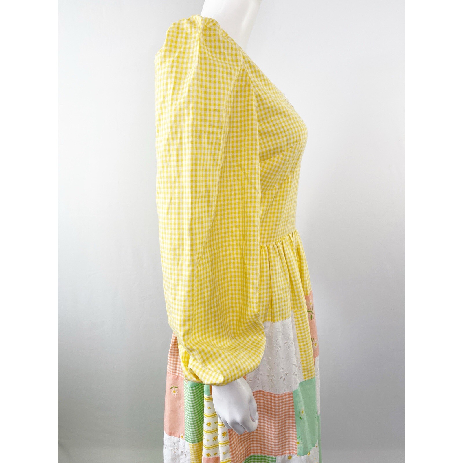 Handmade Yellow Gingham Patchwork Peasant Maxi Dr… - image 7
