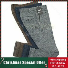 Men Herringbone Tweed Pants Wool Blend Straight Leg Trousers Casual Slim Fit
