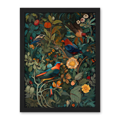 Parrots on Exotic Blooming Trees Modern Folk Art Framed Art Picture Print 18X24