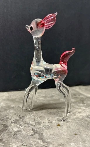 Vintage MCM Clear Murano Style Art Glass Deer Figurine Delicate  Hand Blown