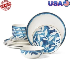 Blue & White Porcelain Tableware Set 4 12-Piece Dishwasher & Microwave Safe New
