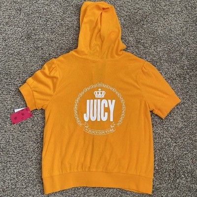 JUICY COUTURE Orange Marigold Terry Cloth Short Sleeve Hoodie Sz Large Plus