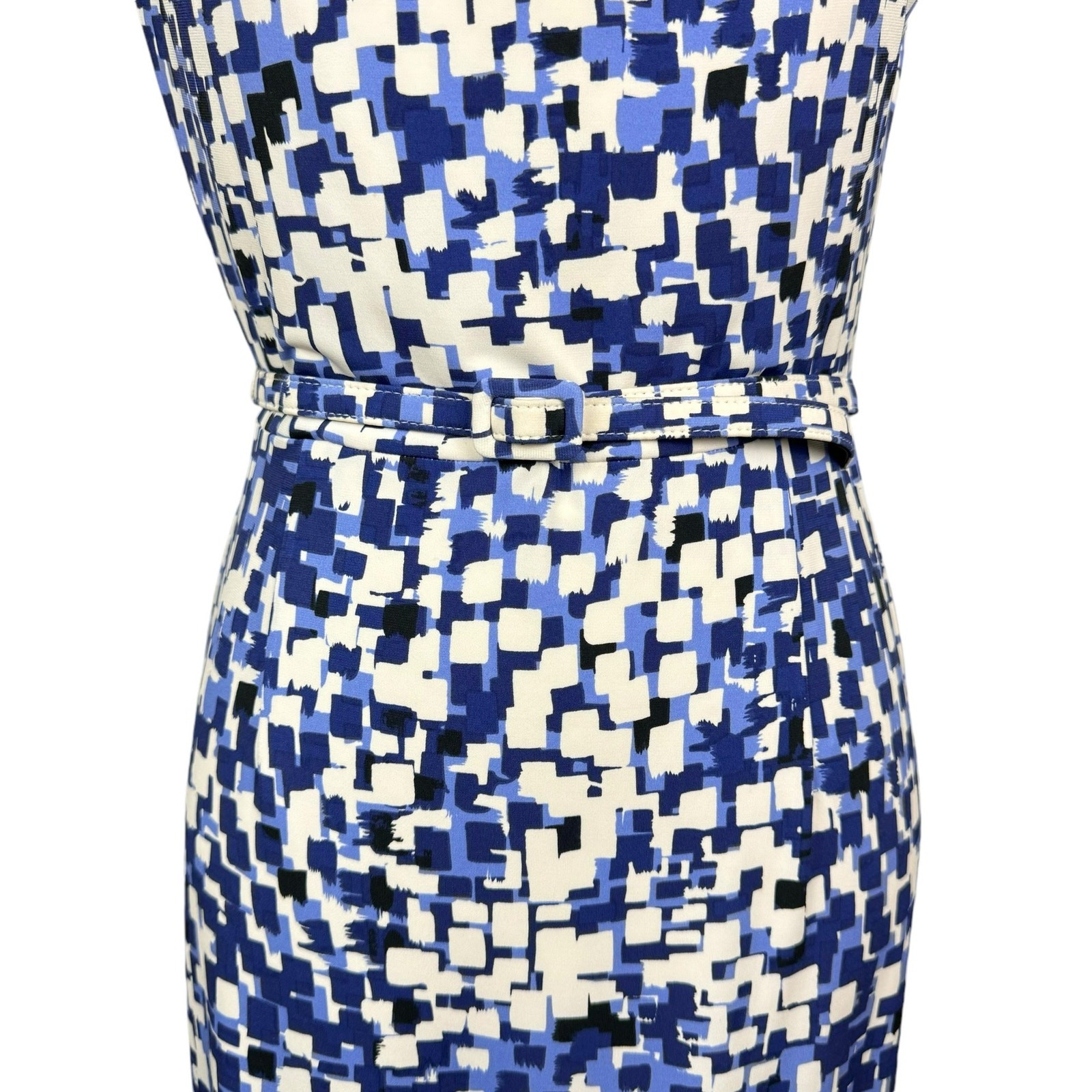 David Meister 8 Blue Geometric Print Cap Sleeve Jersey Belted Sheath Dress