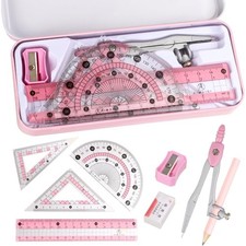 Metal Box Geometry Set 8 Piece Math Compass Kit with Protractor Drawing Compass