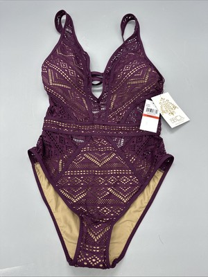 BECCA LA BOHEME PLUNGE V NECK ONE PIECE SWIMSUIT AUBERGINE X-SMALL NEW