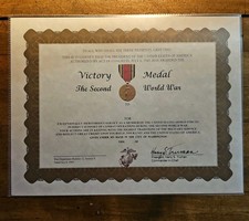  WWII VICTORY Medal ☆ COMMEMORATIVE Plaque CERTIFICATE 8½ x 11 • TRUMAN ☆USA