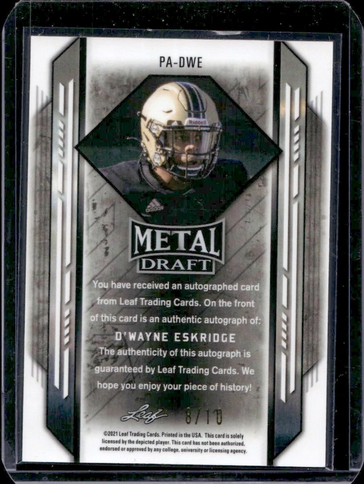 D'Wayne Eskridge 2021 Leaf Metal Draft Portraits Marbles Green Auto /10 Rc - Image 2 of 2
