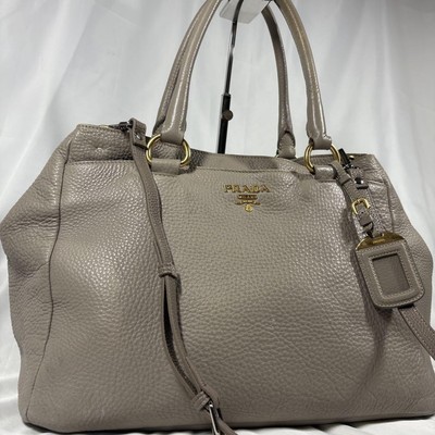 PRADA Hand Schultertasche Beuteltasche Handtasche 2-Wege Leder Greige Authent...