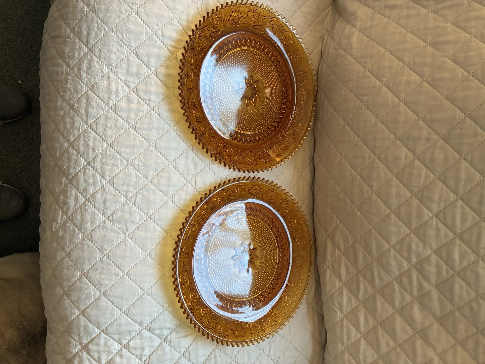 2Vintage Golden Amber Glass Sandwich Serving Platters With Sawtooth Rim 12” Set