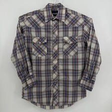 Wrangler Western Shirt Mens L Blue Plaid Cotton Blend Pearl Snap Button Down