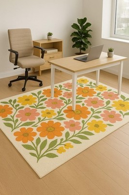 Floral Area Rug: Handgetuftete Wolle & Viskose, Creme mit bunten Blüten