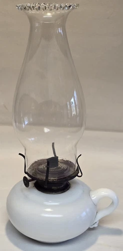 Oil Lamp Milk Glass Pedestal w/handle Clear Globe Lantern Hurricane Wick 11”×6”
