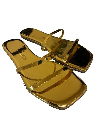 TKEES Gemma Square Toe Mirror Slide Sandals Size 8 /39 Gold Metallic Two Straps