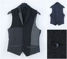 Mens Waistcoat Medium Size US 38 Grey Patchwork Formal 100% Wool Dress Vest