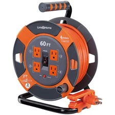 14 AWG SJTW Power Cord Reel - 60 ft Heavy-Duty with 4 Outlets & Safety Features