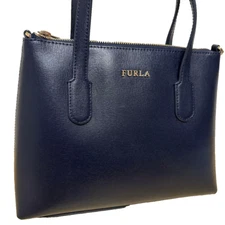 FURLA Logo 2way Hand Tote Crossbody Bag Women Navy Blue Leather With Storage bag