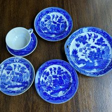 Vintage Blue Porcelain Children's Dishes Japan Assorted Set