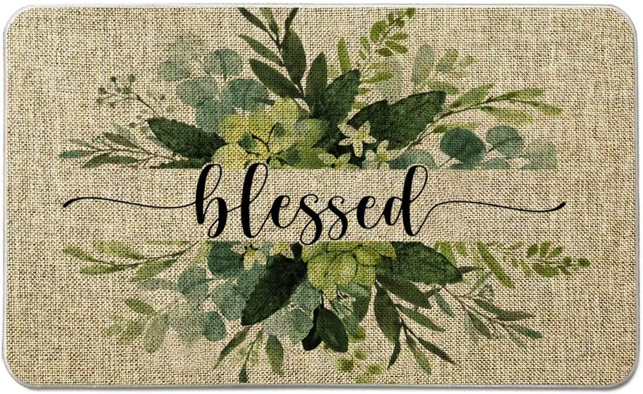 Rustic Farmhouse Welcome Mat with Plant Blessed Design for Front Door