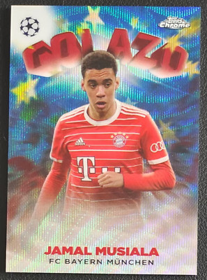 2022-23 Topps Chrome UCC Bayern München Jamal Musiala Golazo Blue Wave /75