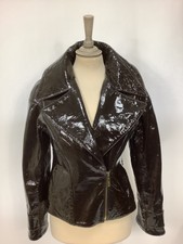 Rare Vintage F07 Oscar De La Renta Jacket Patent Leather Brown Couture Biker #v4
