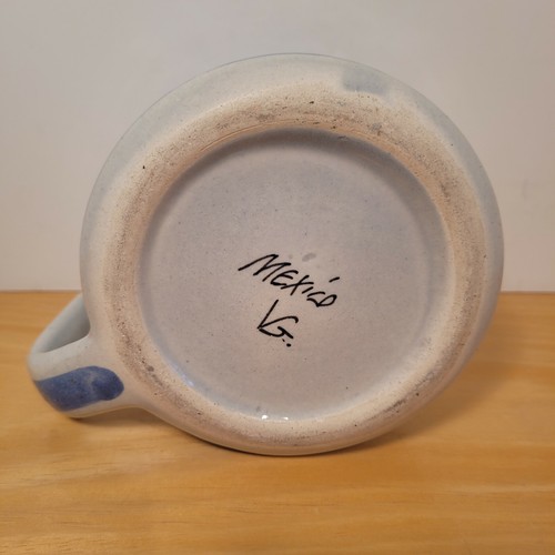 Mexican Pottery Mug Tonala Jalisco Mexico Bird Floral Blue Ceramic Signed VG - Picture 6 of 7