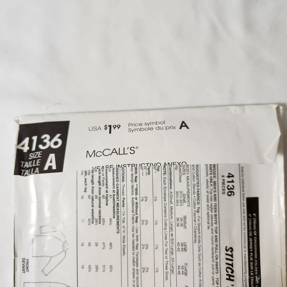 Uncut Easy stitch 'n save Mccalls 4136 S-M-L sewing pattern - Image 3 of 4