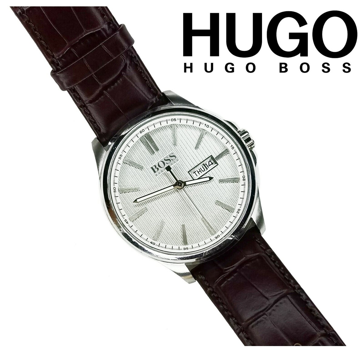 Hugo Boss Mens 42mm Leather Band - Water Resistant Quartz Silver