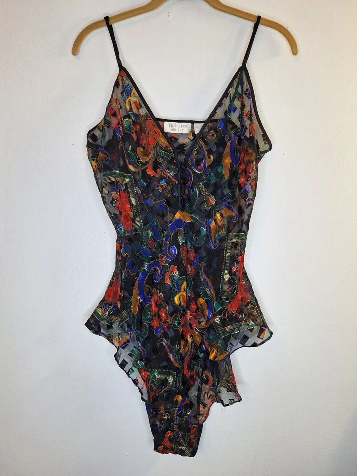 Antigo VICTORIA'S SECRET Gold Label Chemise Tamanho G Floral Transparente Lingerie Romântica - Imagem 2 de 4