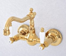 Gold Brass Wall Mounted Double Handles Swivel Bathroom Sink Faucet Mixer Tap