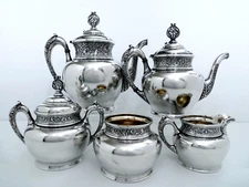 1880 SIMPSON HALL & MILLER QUADRUPLE AESTHETIC REVIVAL PERSIAN COFFEE TEA SET