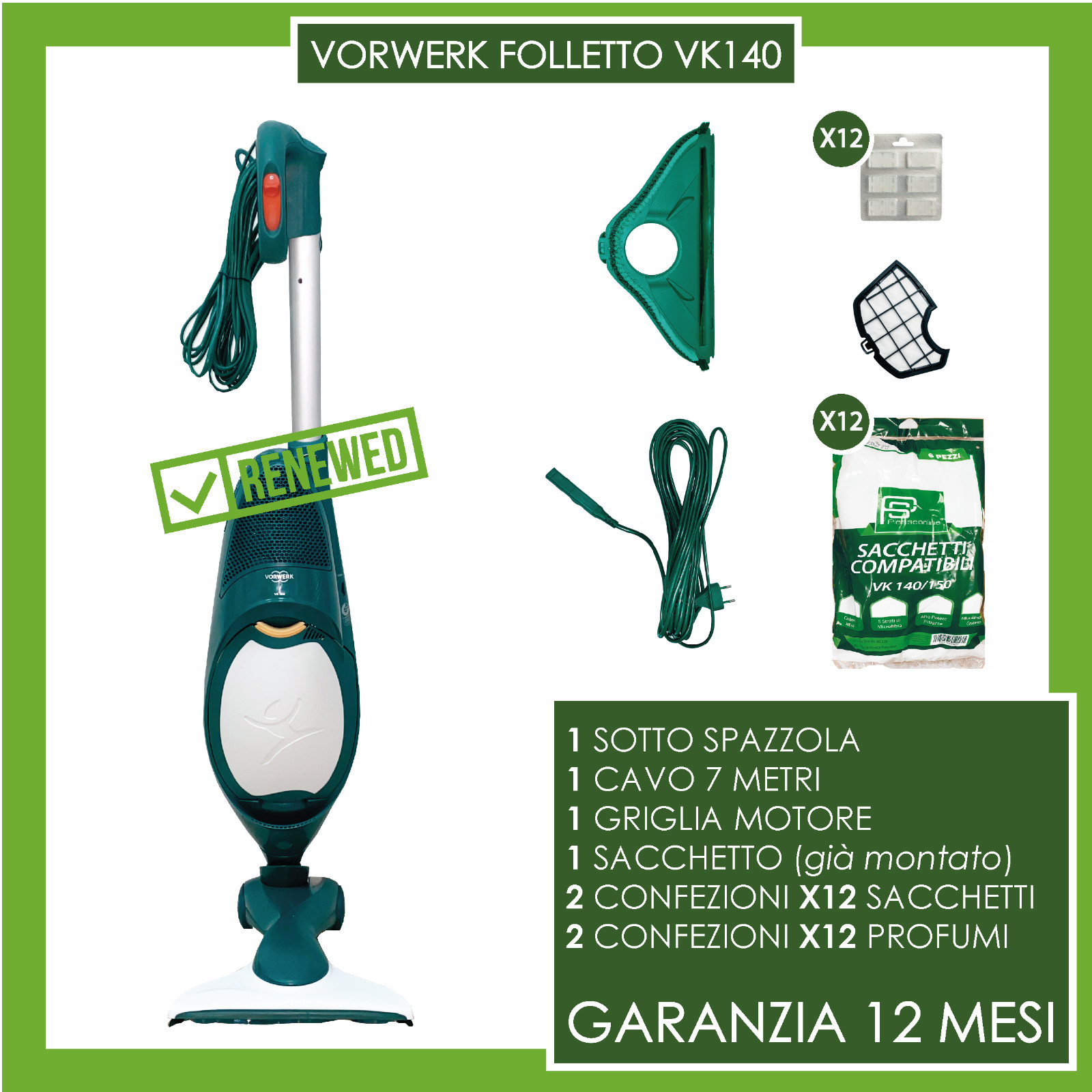 6 Sacchetti + Filtro Griglia Per Vorwerk Folletto Vk140 – Confezione Ricambio Originale Compatibile