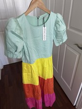 NWT Alice + Olivia Linnie Puff Sleeve Colorblock MidI Tiered Dress 0