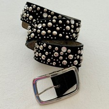 Vtg. Y2K Black Suede Leather Rhinestone Studded Belt Silver Western Goth M/L