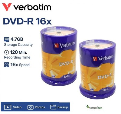 200 Original Verbatim Rohlinge DVD-R 16x 4,7GB DVD nicht bedruckbare Discs 43549 AZO Farbstoff