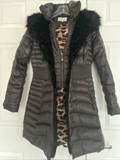 Laundry By Shelli Segal Black Puffer Coat With Hooded Faux Fur Collar Zip Vest 