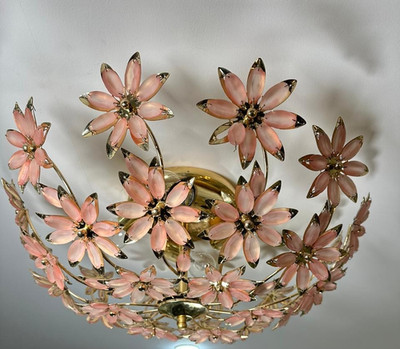 Vintage Arredo Luce Pink Floral Glass Flush Mount Chandelier & Pair of Sconces