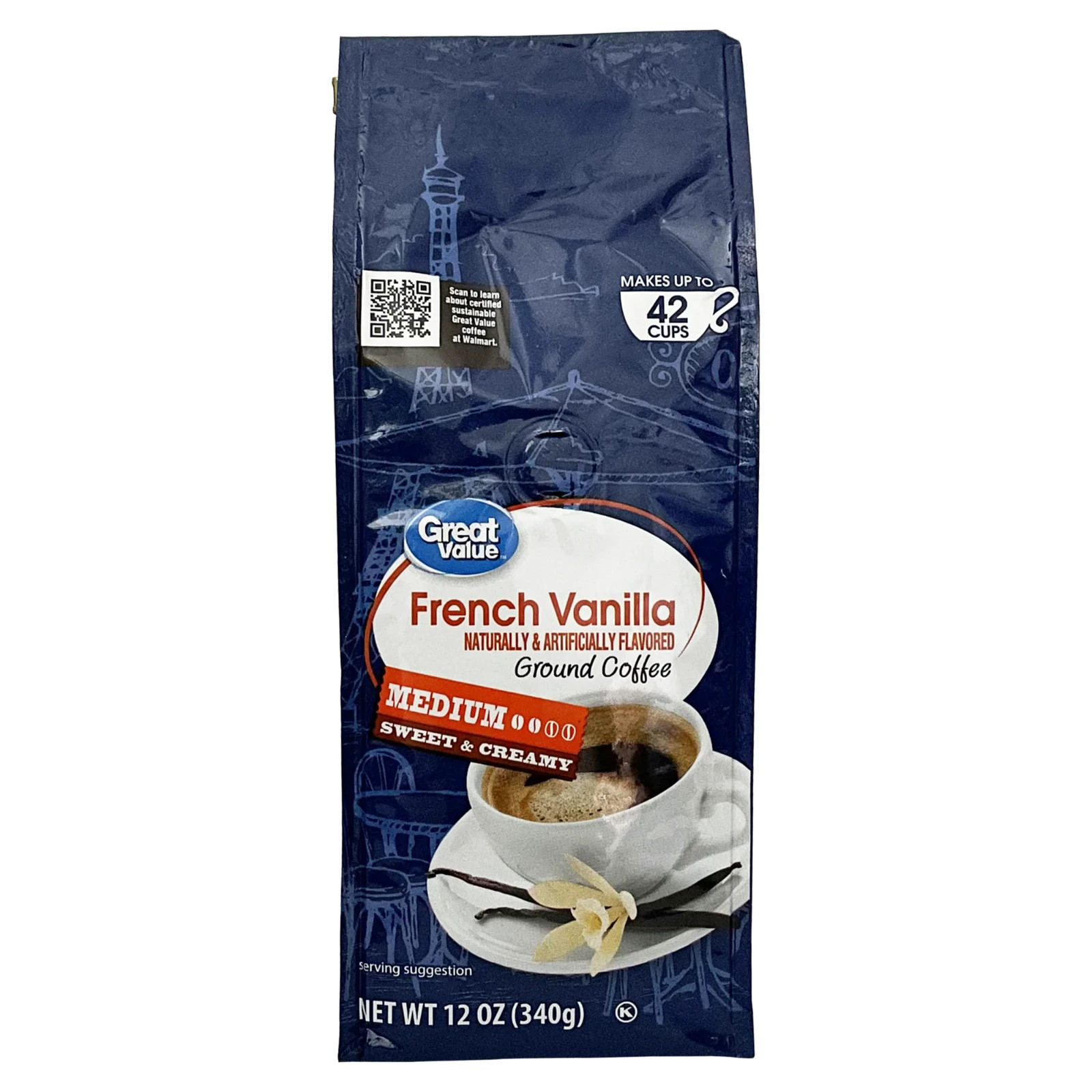Great Value French Vanilla Medium Roast Ground Coffee, 12 oz, Bag