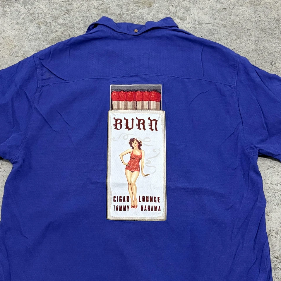Tommy Bahama Shirt Mens Medium Blue Silk Camp Cigar Lounge Burn Pinup Graphic - Image 2 of 4