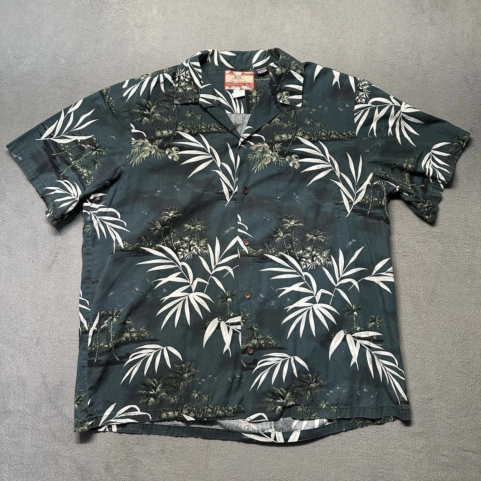 RJC Hawaiian Shirt Mens XL Regular Fit Button Shirt Green Aloha USA Made EUC