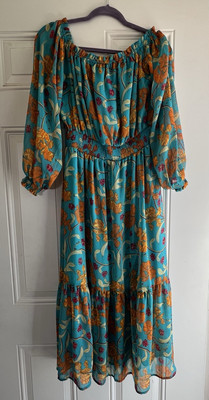 Sofia Vergara Sea Blue Floral Maxi Dress Womens M Smocked Cottage Tiered