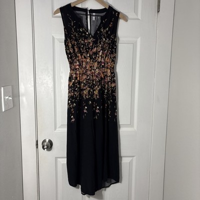 Black Floral Wide Leg Capri Length Romper Jumpsuit Sleeveless Size S Tassle Boho