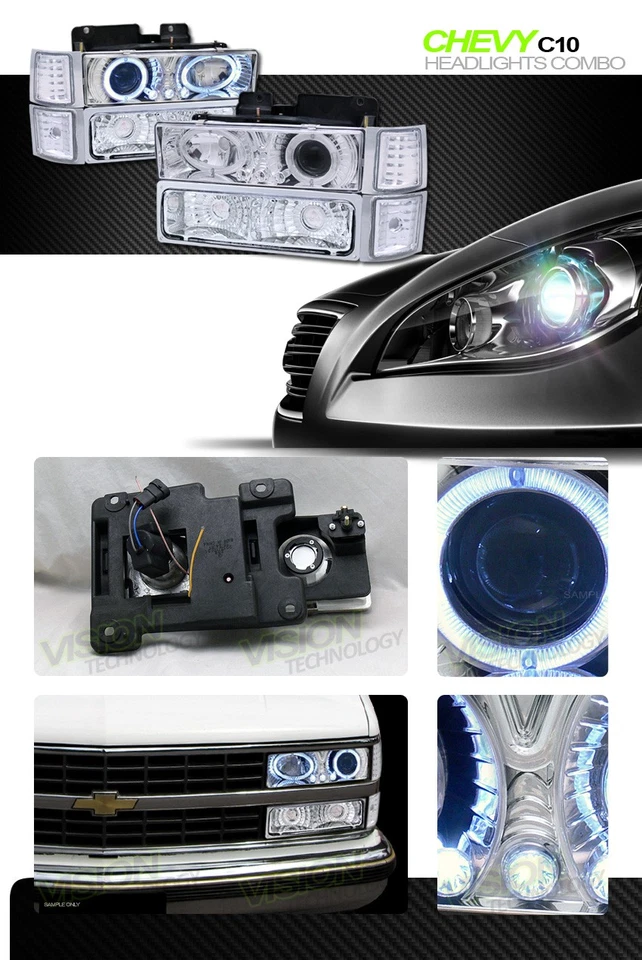 铬 LED 光环投影仪前灯+保险杠+角灯 Yd 适用于 94-00 雪佛兰 C10 Ck — 第 2/2 张图片
