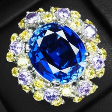 Pristine Royal Blue Sapphire 11.90Ct 925 Sterling Silver White Gold Halo Rings