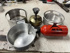 SVEA 123 BRASS BACK PACK STOVE SWEDEN FUEL CELL VINTAGE TESTED COOK PAN ALUMINUM