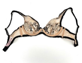 Agent Provocateur Luciela Bra 32C Peach Nude w Black Peony Floral Lace Lingerie