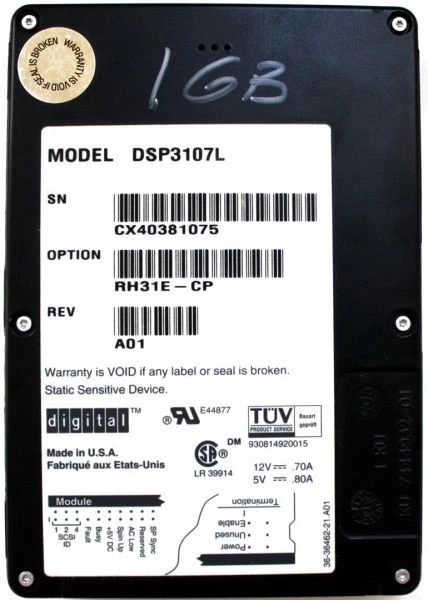 Digital scsi 1.07gb hdd dsp3107l rh31e-cp rev. a01 - Image 3 of 3