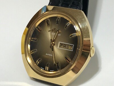 Vintage 1980's GOLD Oval Mido Multifort men's Watch Perfect NEW