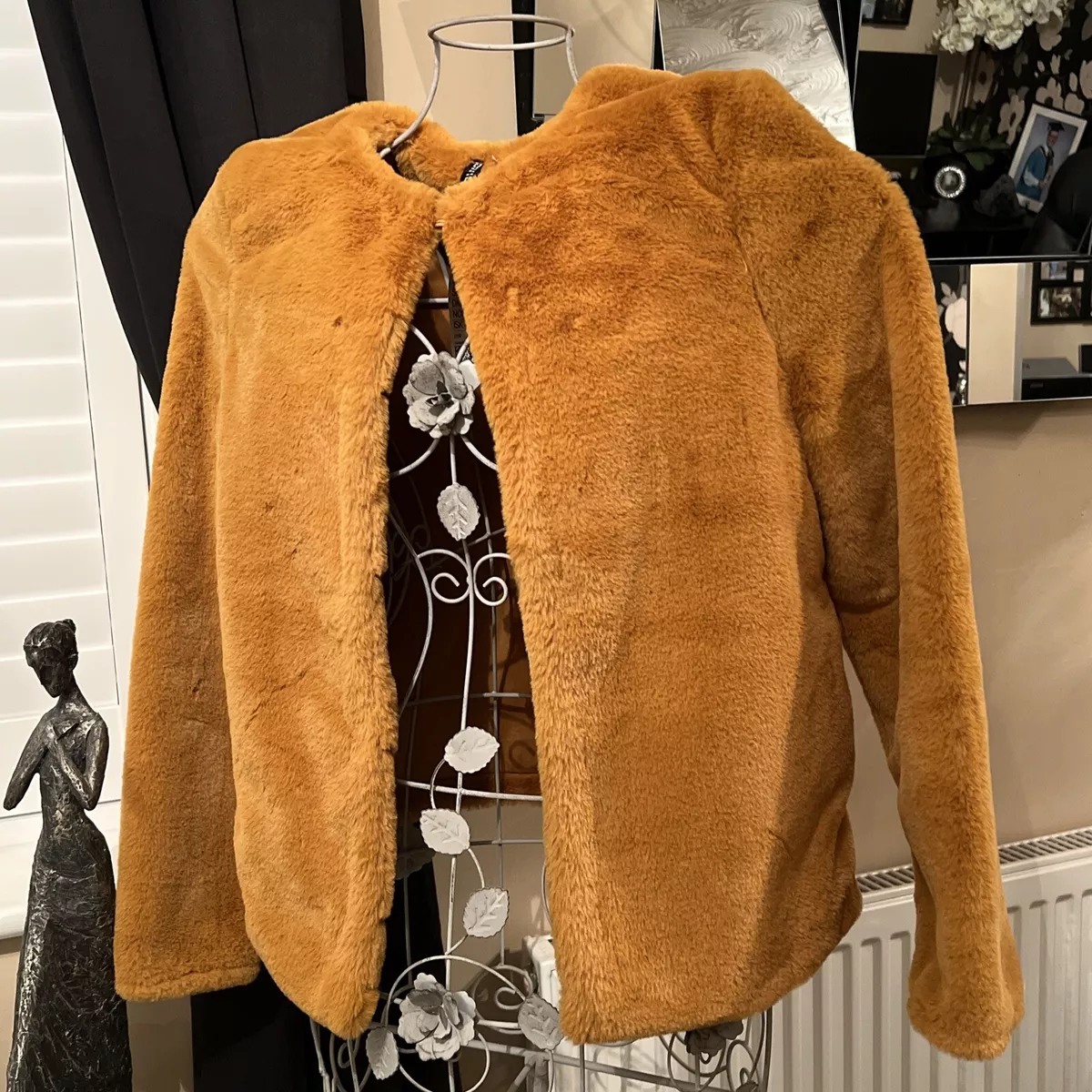 Ochre mustard Soft Faux fur coat Jacket Winter Party cosy XS 8 10 BNWT H M