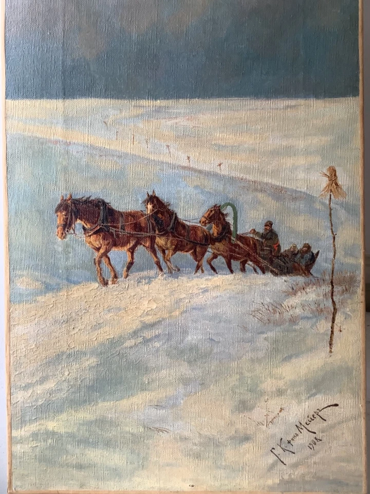 Troika Ride in a Snowy Landscape - Antique Russian Oil canvas c.1908 Signed - Image 3 of 4