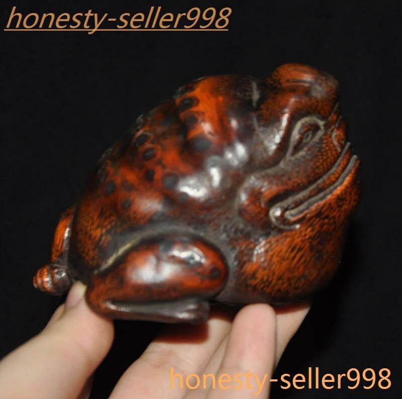 3.4'' Old China Bamboo root wood Carved Feng Shui wealth frog